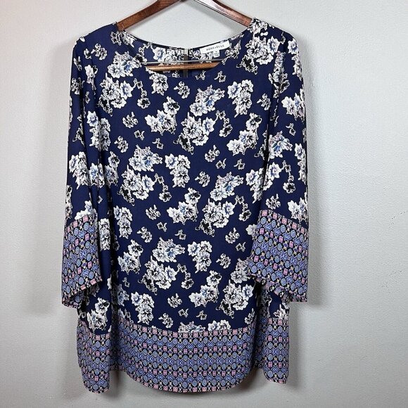 Rose + Olive Women's Floral Print Blue Tunic Top Size 1X Casual Spring Blouse - Picture 1 of 10